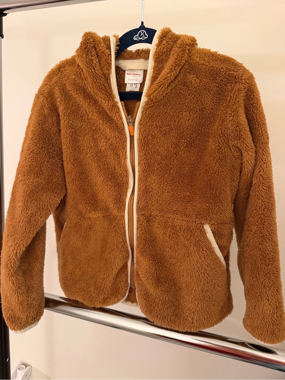 Hanna Andersson Teddy Faux-Sherpa Hooded Jacket in Camel Brown with Cream Trim